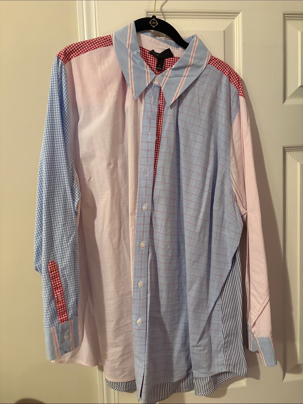 Lane Bryant Patchwork Button-Down Shirt in Blue, Pink and Red